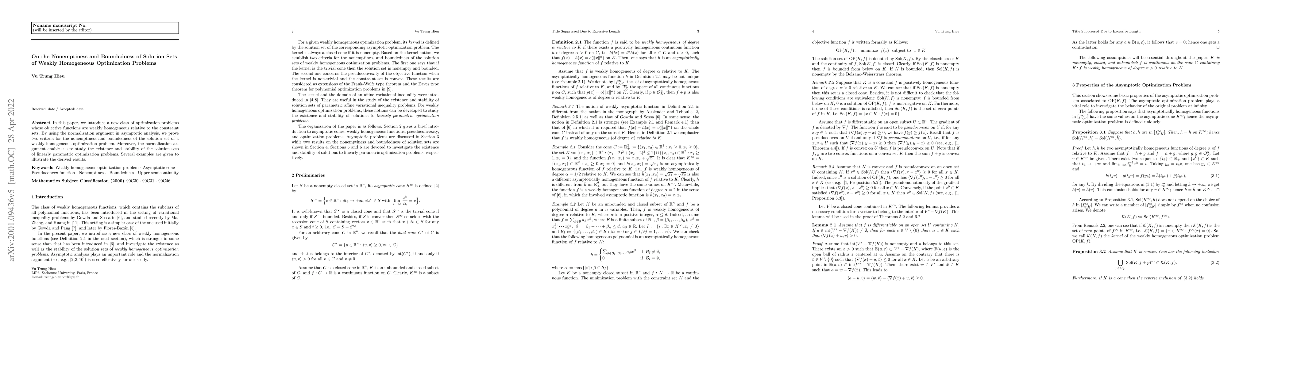 Thumbnail for On the Nonemptiness and Boundedness of Solution Sets of Weakly
  Homogeneous Optimization Problems