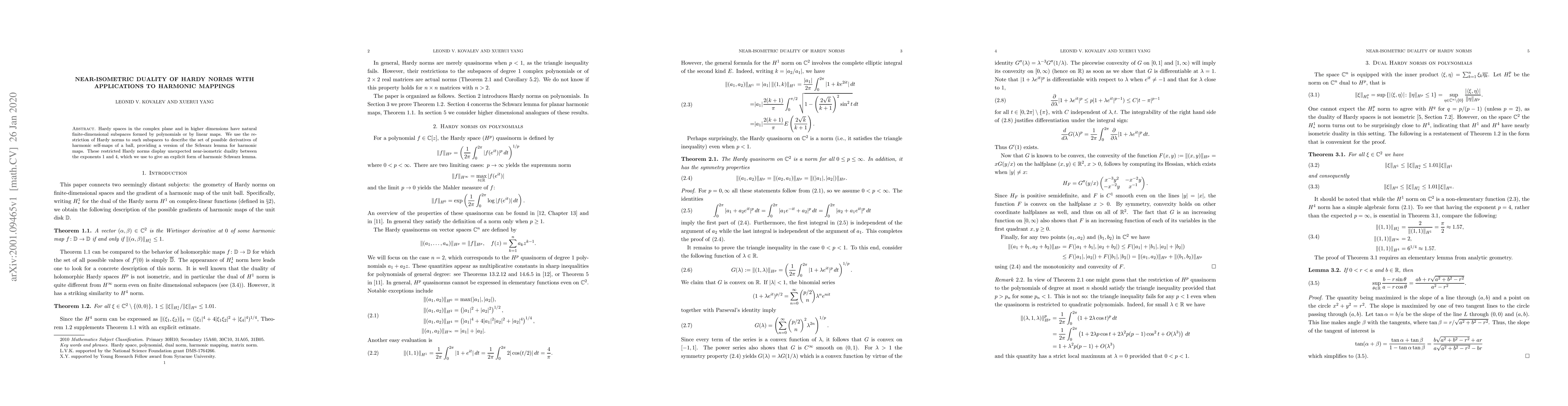 Thumbnail for Near-isometric duality of Hardy norms with applications to harmonic
  mappings