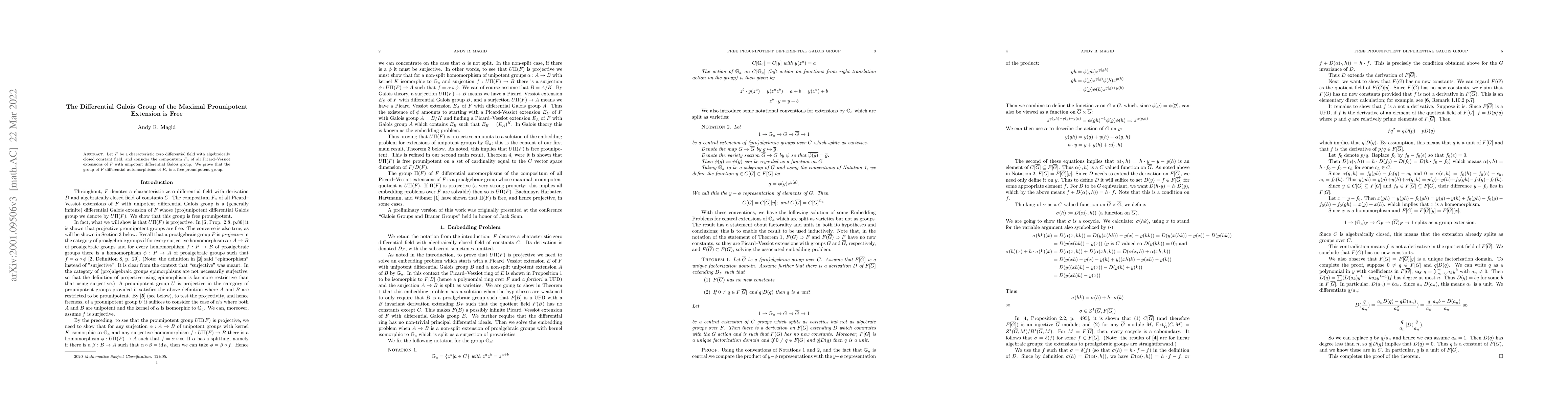 Thumbnail for The differential Galois group of the maximal prounipotent extension is
  free