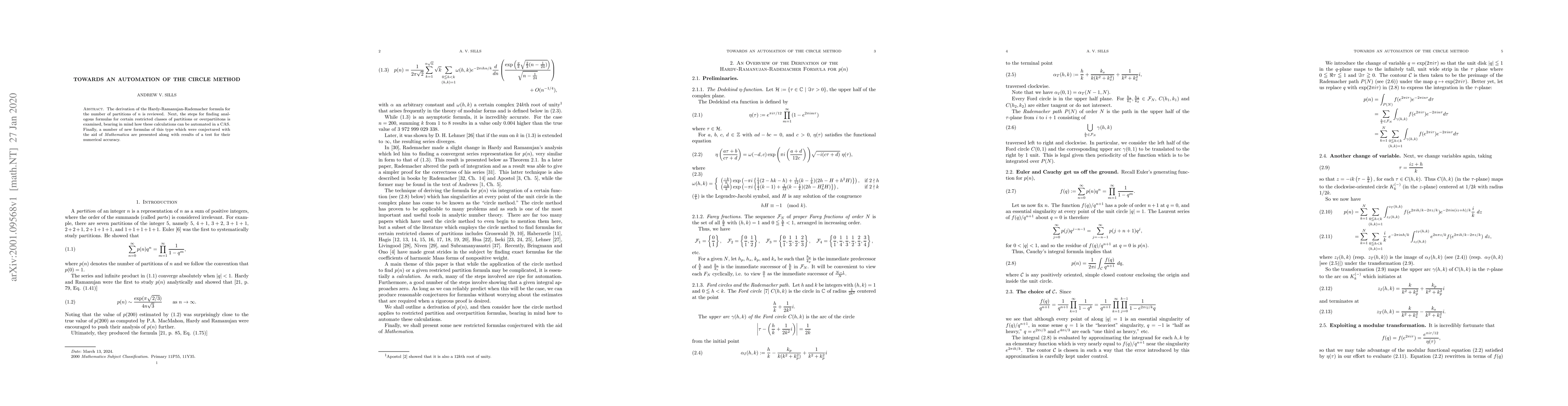 Thumbnail for Towards an automation of the circle method