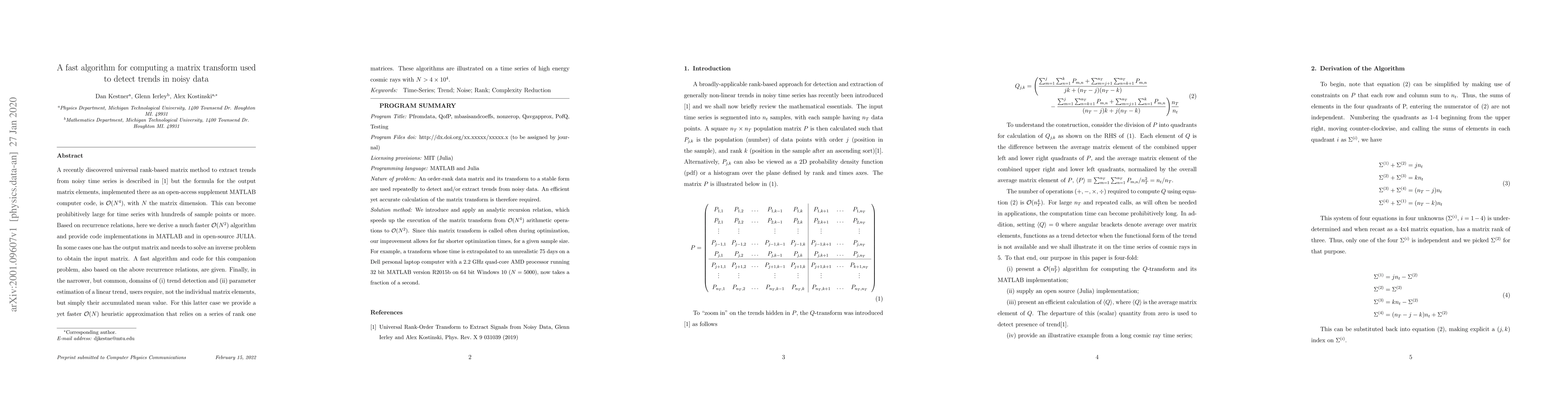 Thumbnail for Fast Algorithm for computing a matrix transform used to detect trends in
  noisy data