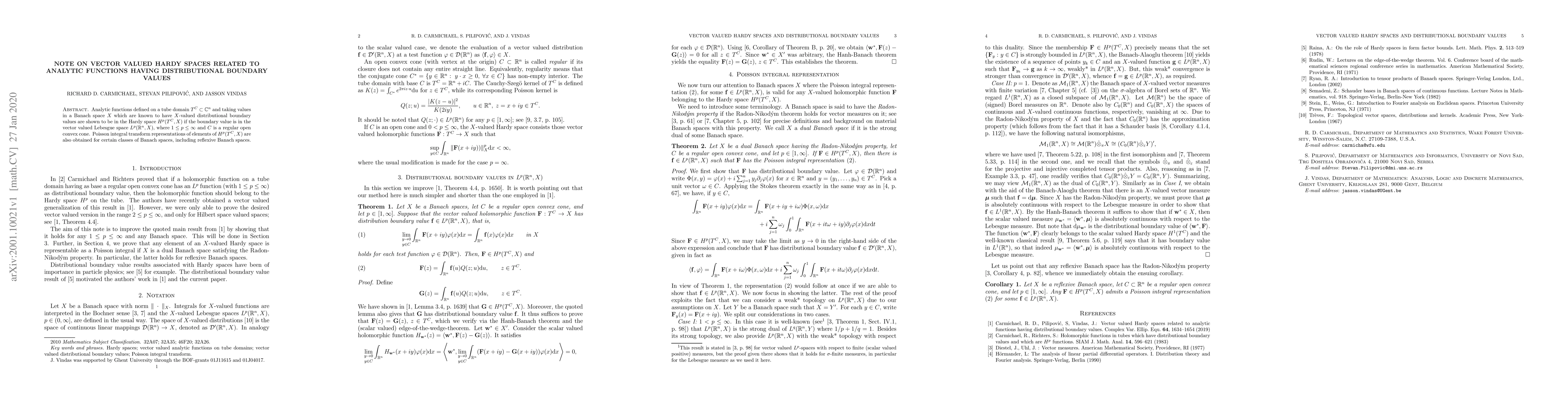 Thumbnail for Note on vector valued Hardy spaces related to analytic functions having
  distributional boundary values