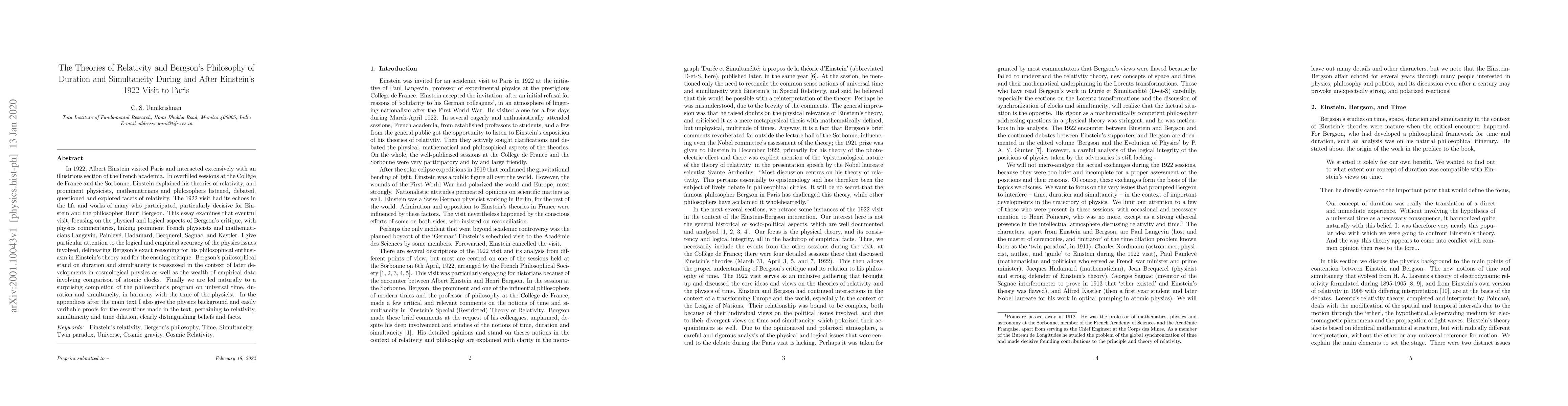 Thumbnail for The Theories of Relativity and Bergson's Philosophy of Duration and
  Simultaneity During and After Einstein's 1922 Visit to Paris