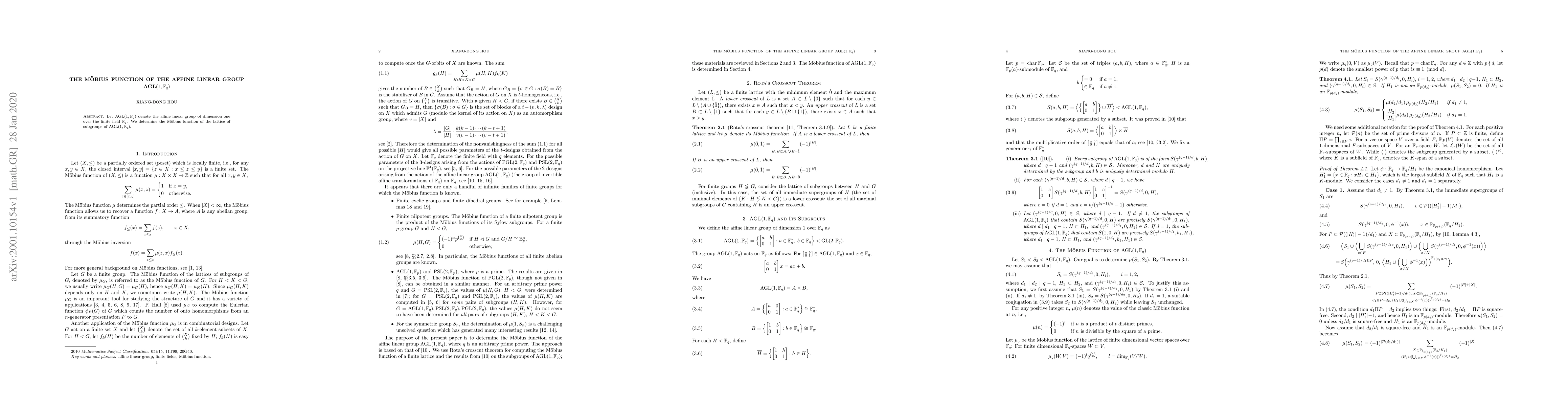 Thumbnail for The M\"obius Function of the Affine Linear Group $\text{AGL}(1,\Bbb
  F_q)$