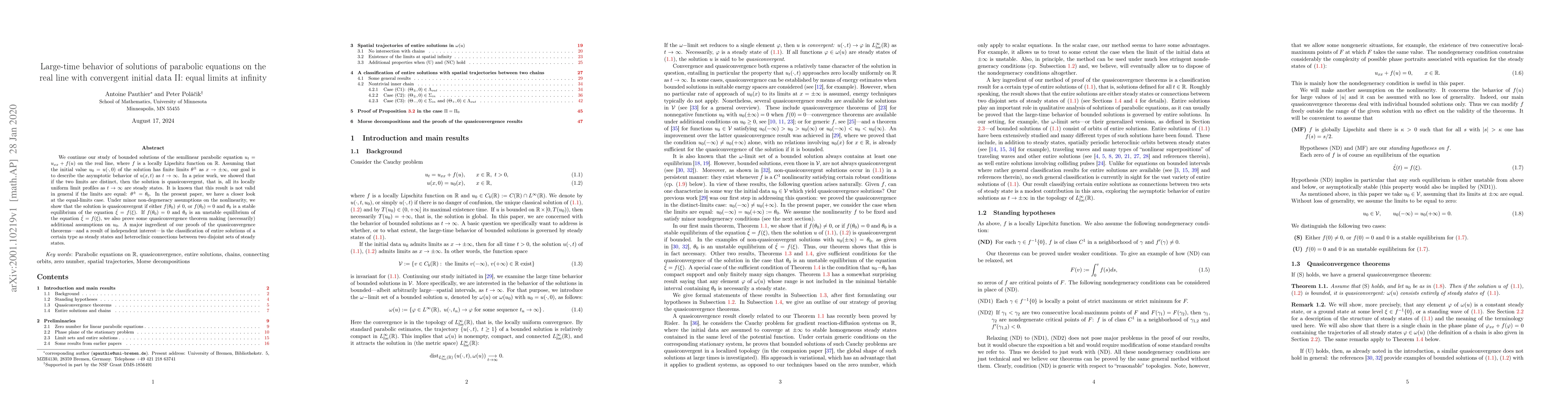 Thumbnail for Large-time behavior of solutions of parabolic equations on the real line
  with convergent initial data II: equal limits at infinity