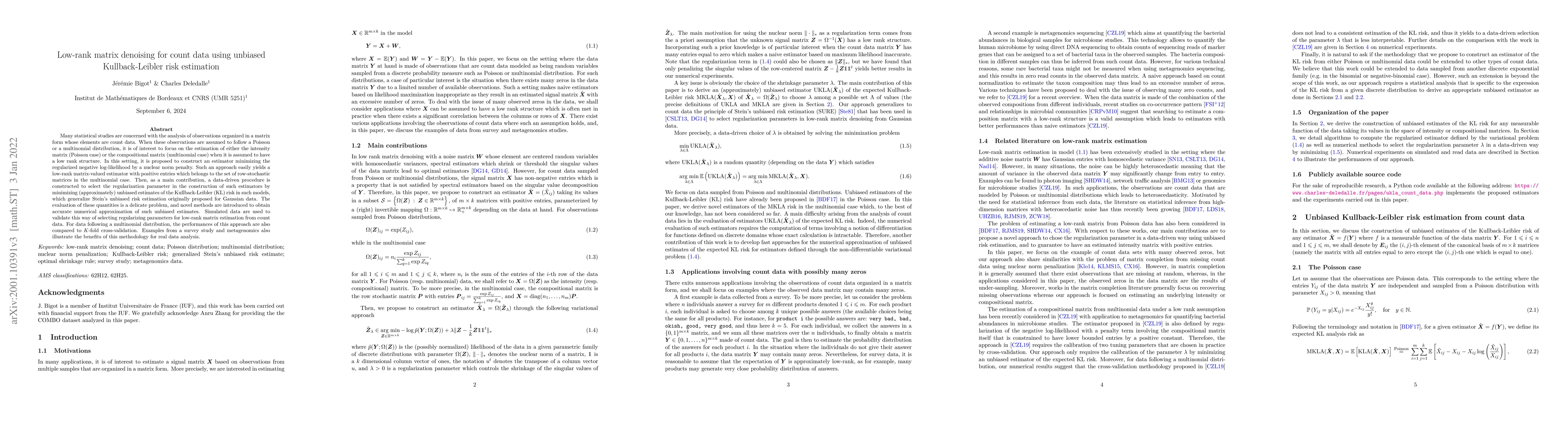 Thumbnail for Low-rank matrix denoising for count data using unbiased Kullback-Leibler
  risk estimation