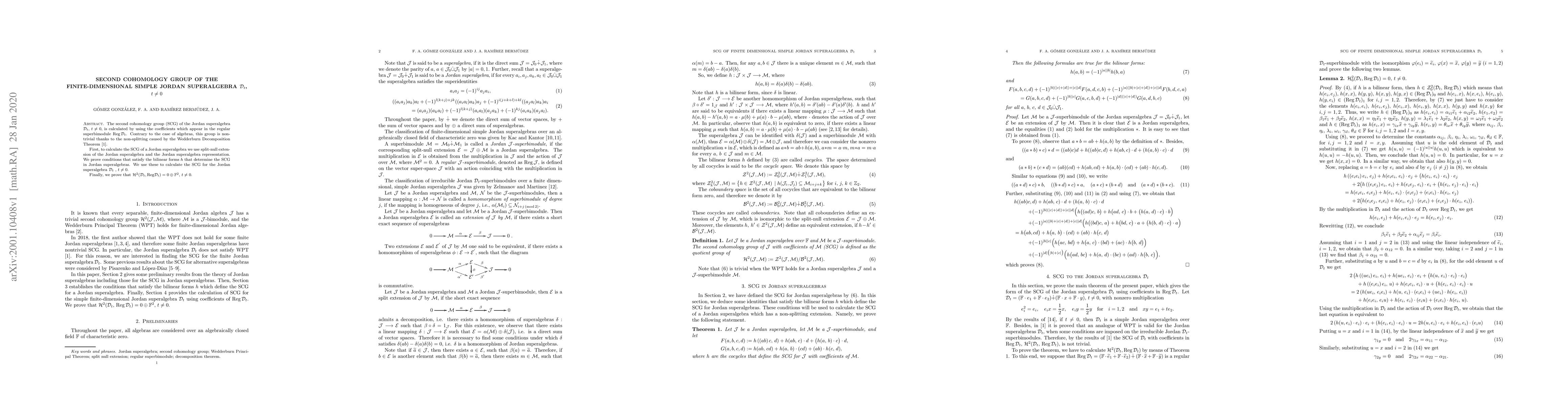 Thumbnail for Second cohomology group of the finite-dimensional simple Jordan
  superalgebra $\mathcal{D}_{t}$, $t\neq 0$