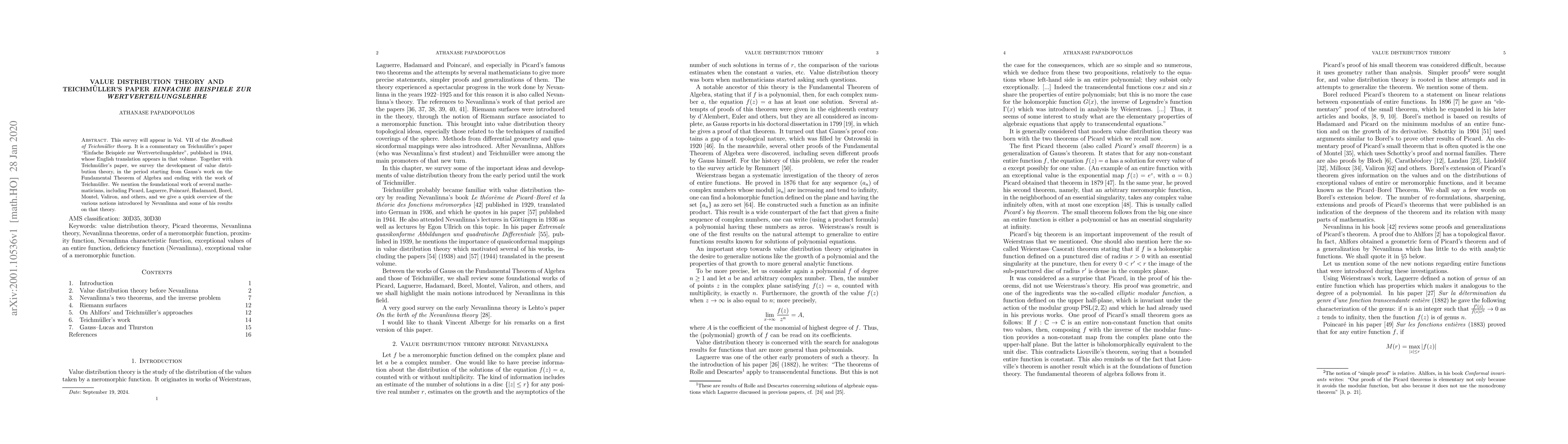 Thumbnail for Value distribution theory and Teichm{\"u}ller's paper "Einfache
  Beispiele zur Wertverteilungslehre"