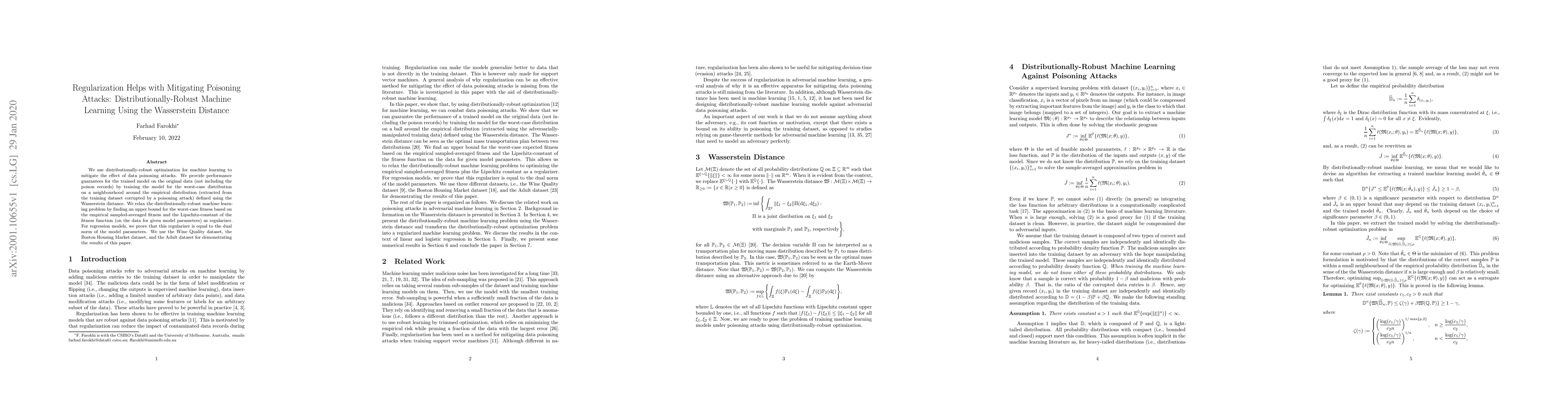 Thumbnail for Regularization Helps with Mitigating Poisoning Attacks:
  Distributionally-Robust Machine Learning Using the Wasserstein Distance