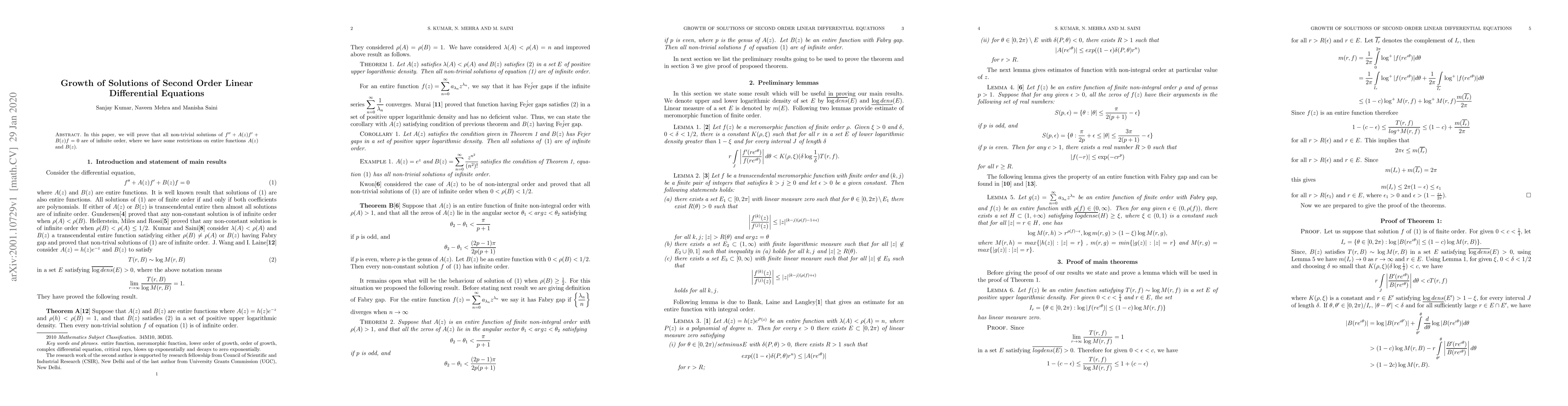 Thumbnail for Growth of Solutions of Second Order Linear Differential Equations