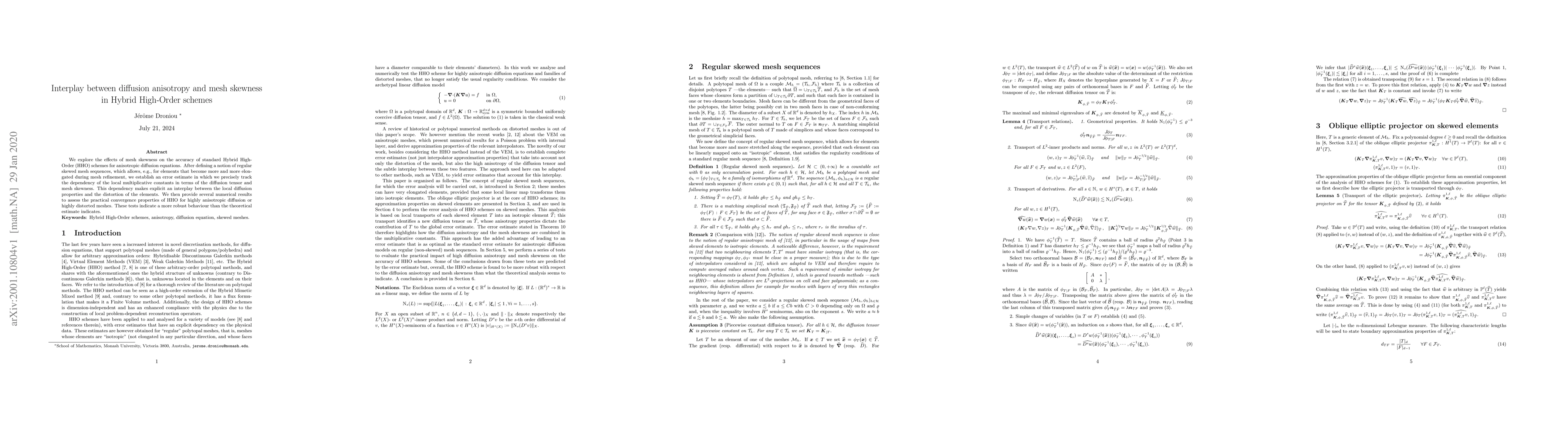 Thumbnail for Interplay between diffusion anisotropy and mesh skewness in Hybrid
  High-Order schemes