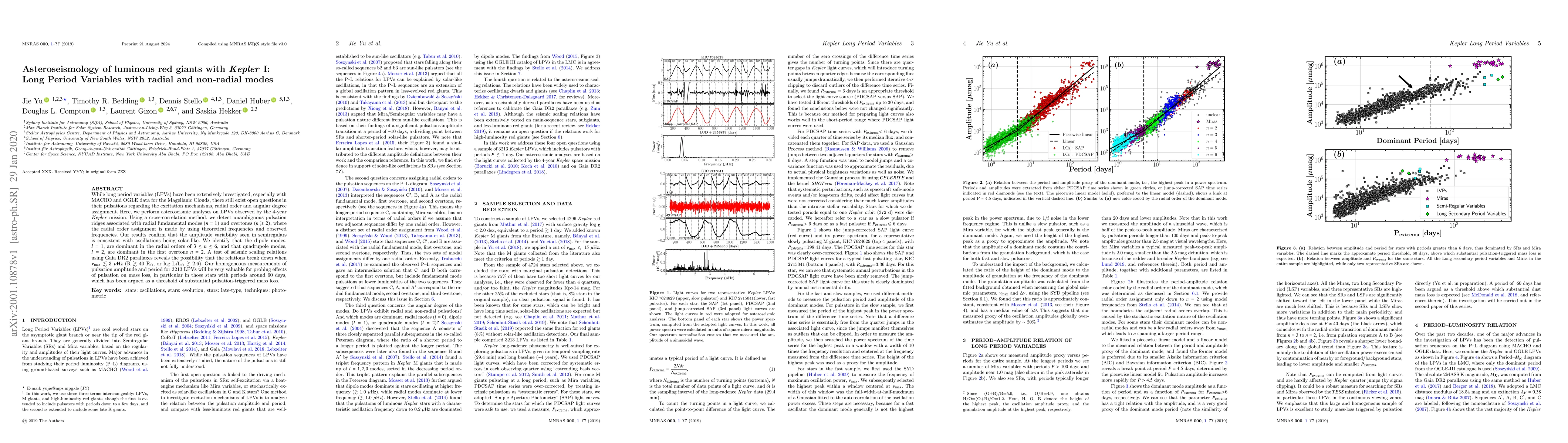 Thumbnail for Asteroseismology of luminous red giants with Kepler I: Long Period
  Variables with radial and non-radial modes