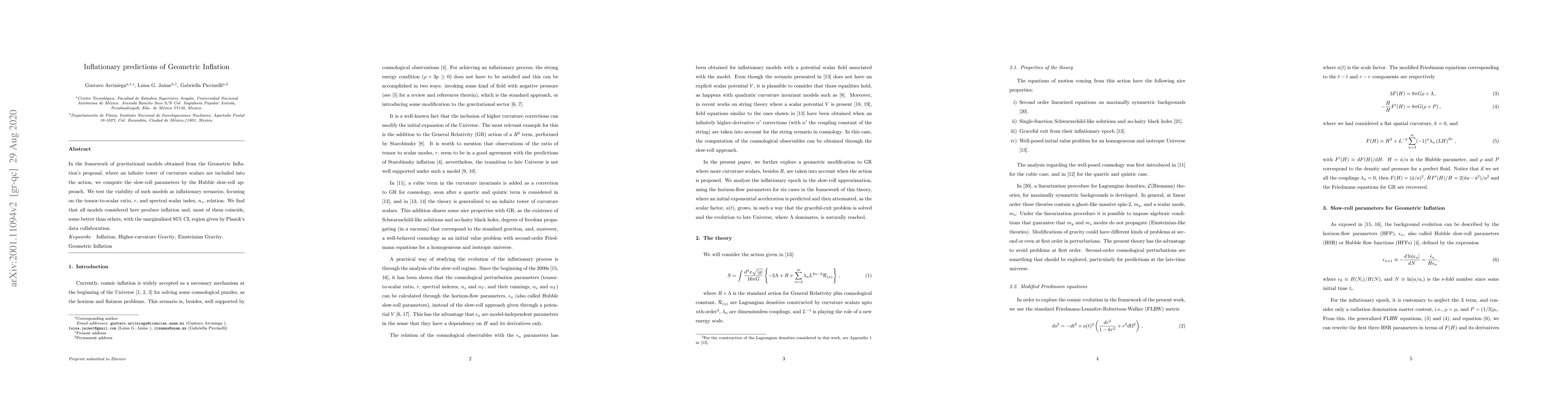 Thumbnail for Inflationary predictions of Geometric Inflation