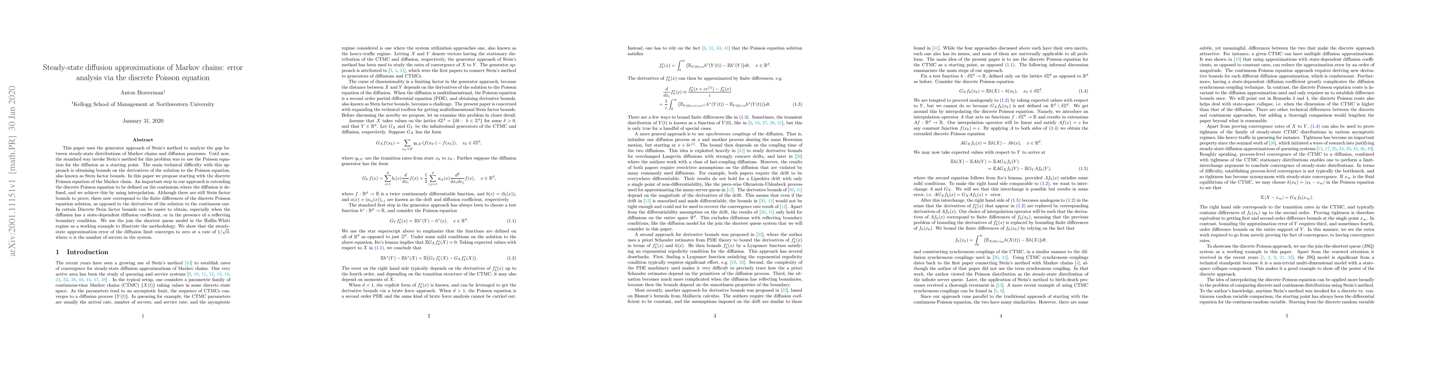 Thumbnail for Steady-state diffusion approximations of Markov chains: error analysis
  via the discrete Poisson equation
