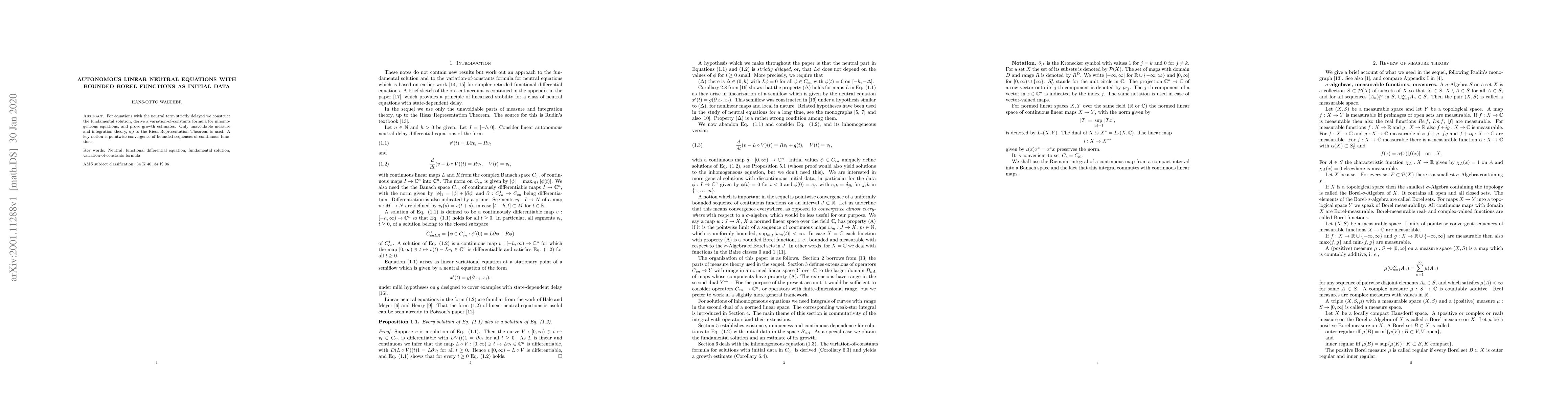 Thumbnail for Autonomous linear neutral equations with bounded Borel functions as
  initial data