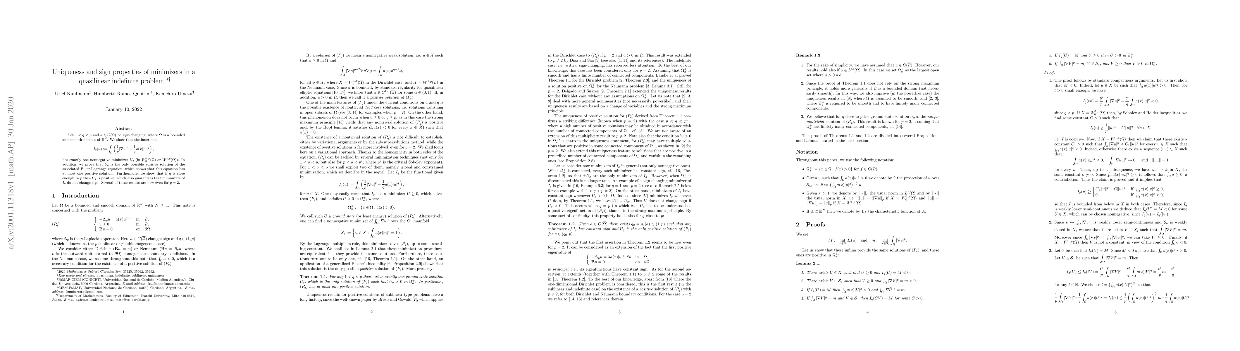 Thumbnail for Uniqueness and sign properties of minimizers in a quasilinear indefinite
  problem