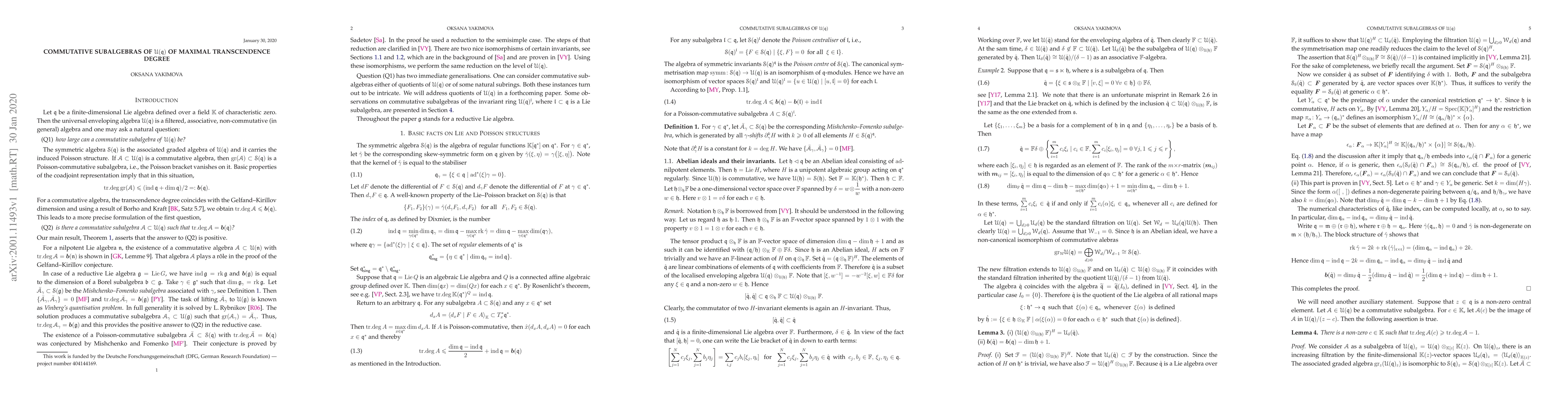 Thumbnail for Commutative subalgebras of $U(\mathfrak q)$ of maximal transcendence
  degree