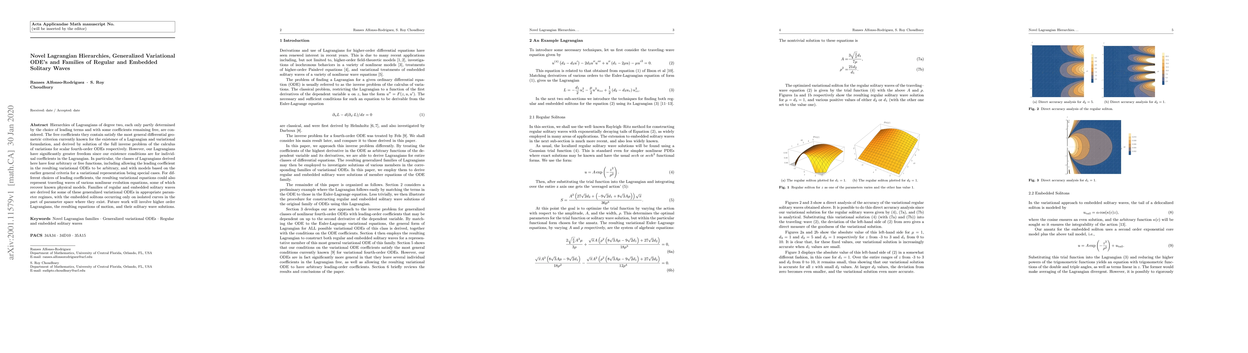 Thumbnail for Novel Lagrangian Hierarchies, Generalized Variational ODE's and Families
  of Regular and Embedded Solitary Waves