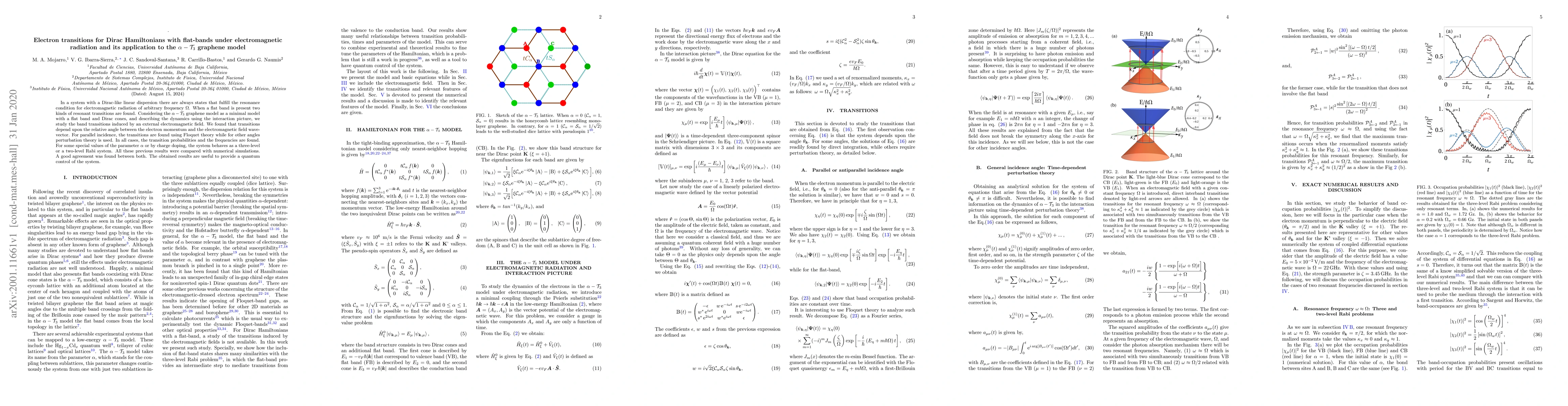 Thumbnail for Electron transitions for Dirac Hamiltonians with flat-bands under
  electromagnetic radiation and its application to the $\alpha-\mathcal{T}_3$
  graphene model