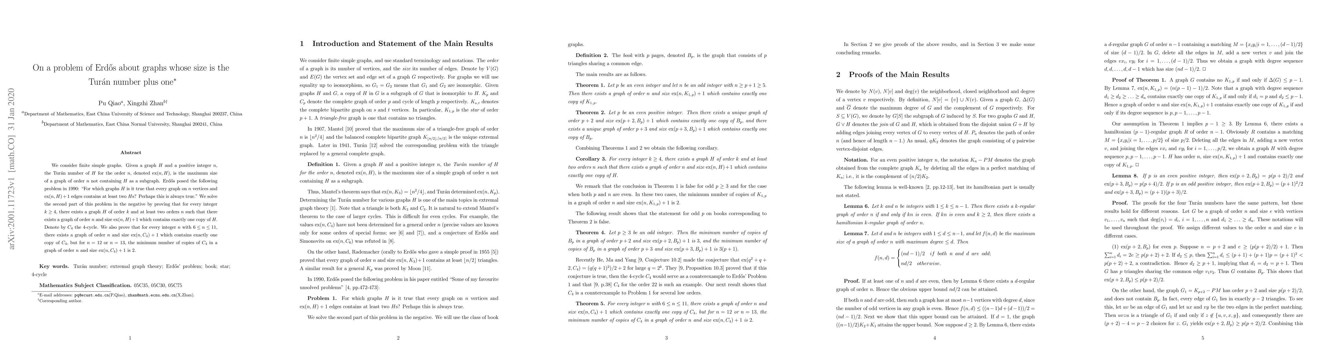 Thumbnail for On a problem of Erd\H{o}s about graphs whose size is the Tur\'{a}n
  number plus one