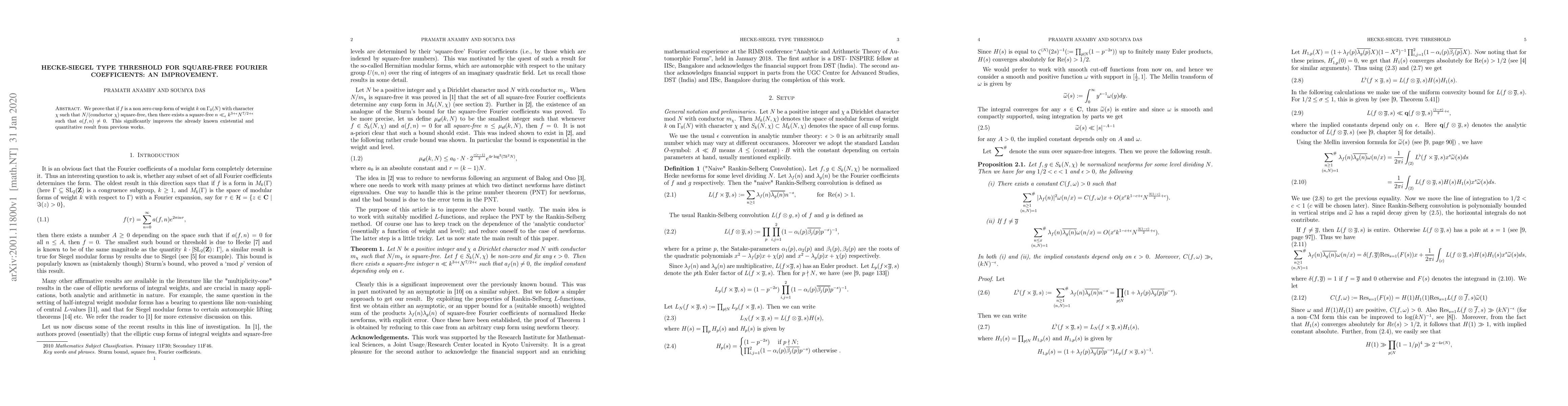 Thumbnail for Hecke-Siegel type threshold for square-free Fourier coefficients: an
  improvement