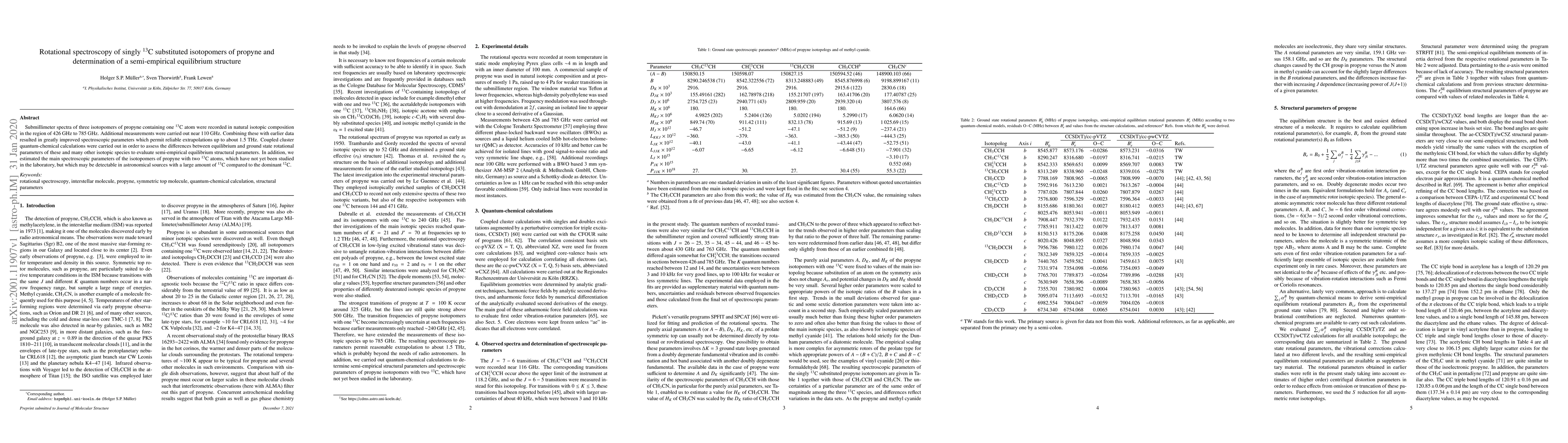 Thumbnail for Rotational spectroscopy of singly $^{13}$C substituted isotopomers of
  propyne and determination of a semi-empirical equilibrium structure