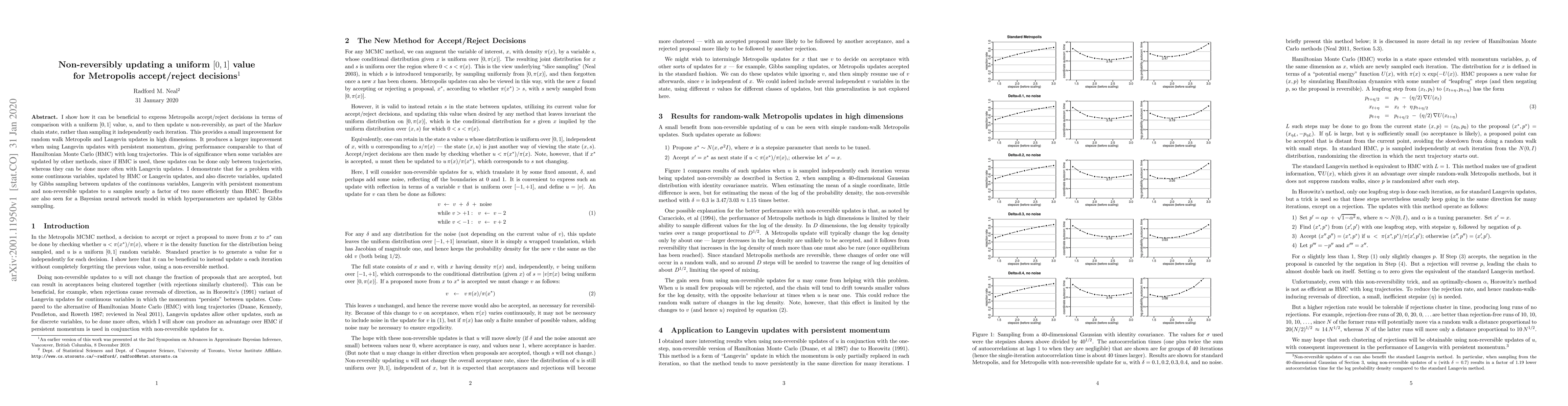 Thumbnail for Non-reversibly updating a uniform [0,1] value for Metropolis
  accept/reject decisions