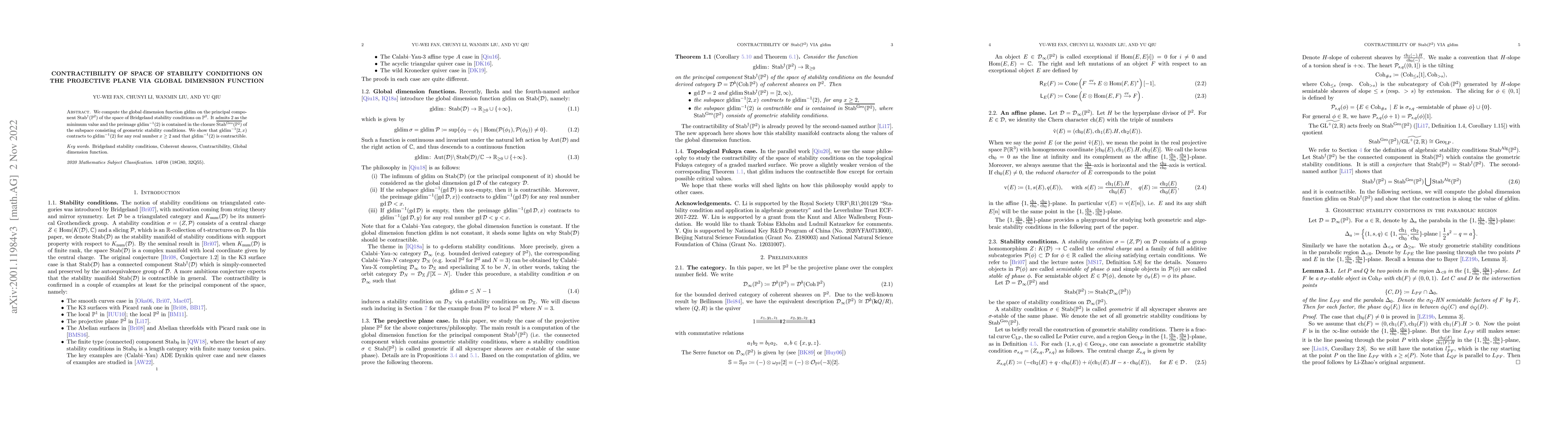 Thumbnail for Contractibility of space of stability conditions on the projective plane
  via global dimension function