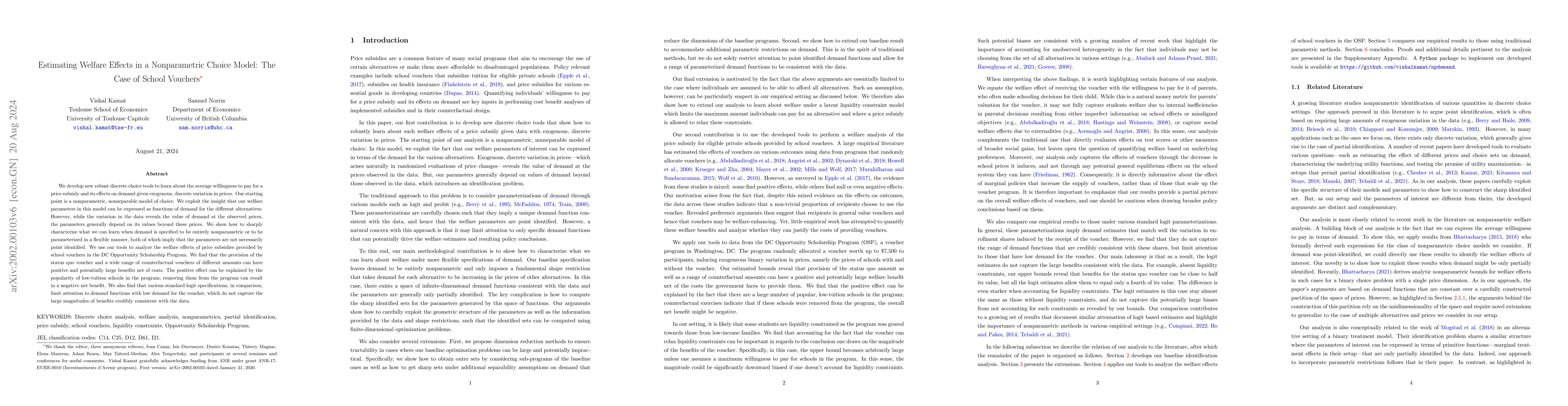 Thumbnail for Estimating Welfare Effects in a Nonparametric Choice Model: The Case of
  School Vouchers