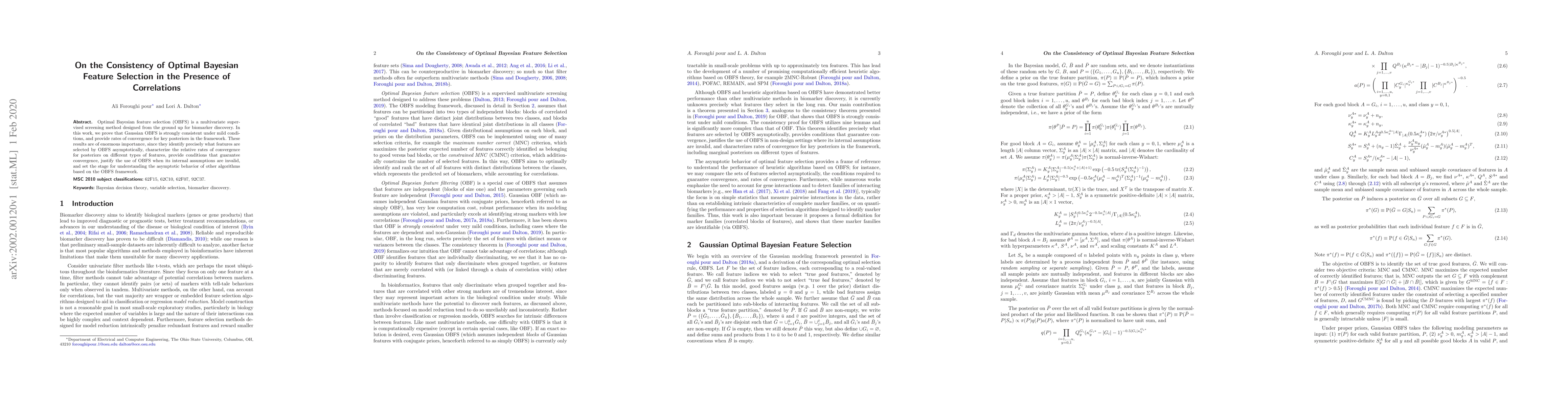 Thumbnail for On the Consistency of Optimal Bayesian Feature Selection in the Presence
  of Correlations