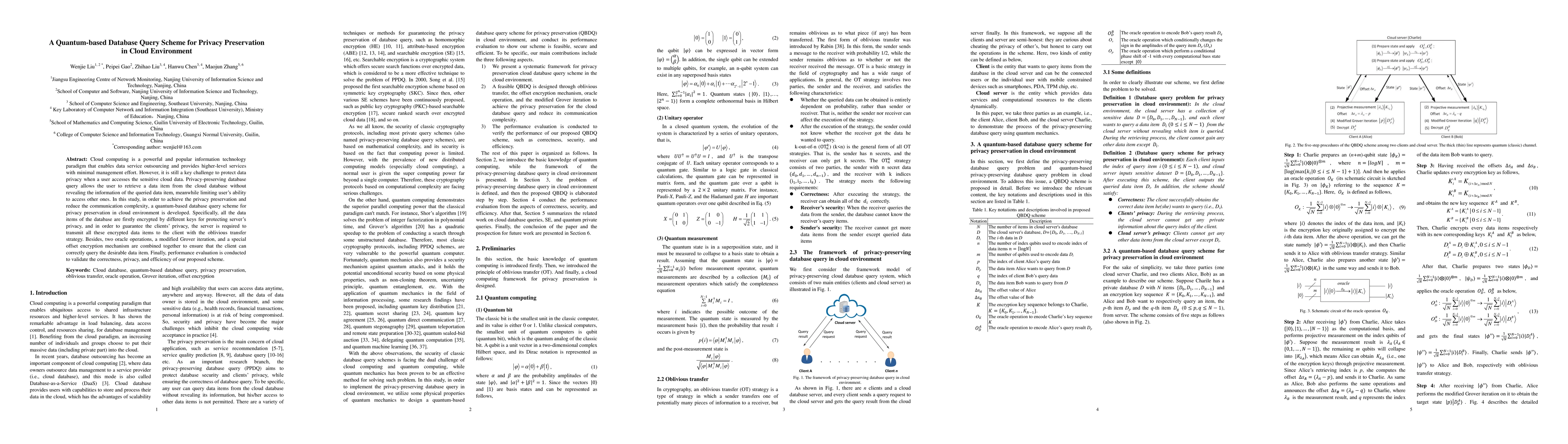 Thumbnail for A Quantum-based Database Query Scheme for Privacy Preservation in Cloud
  Environment