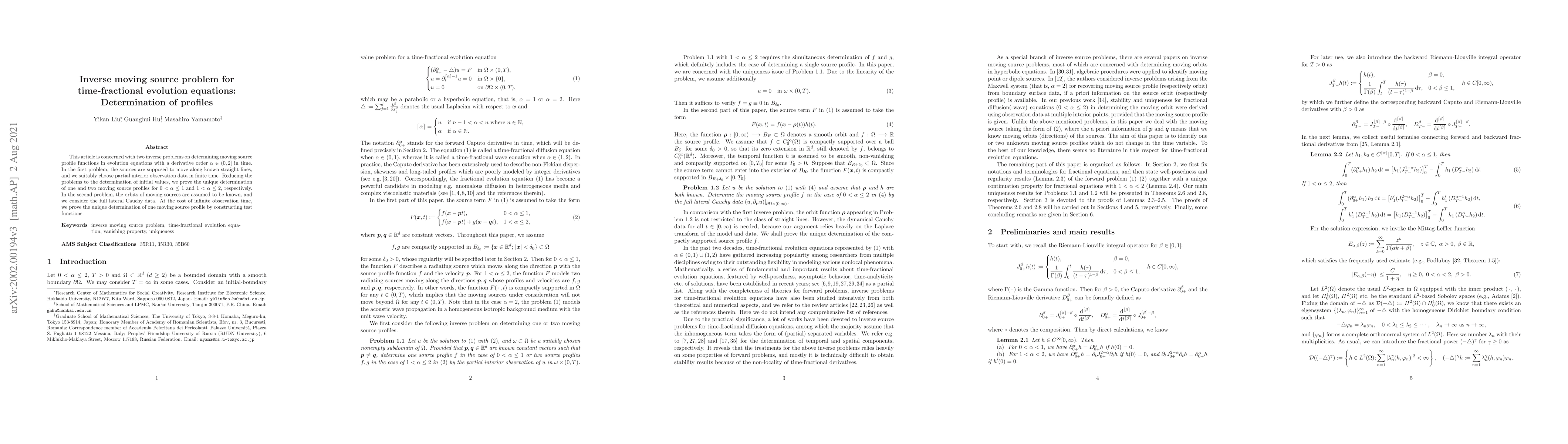 Thumbnail for Inverse moving source problem for time-fractional evolution equations:
  Determination of profiles
