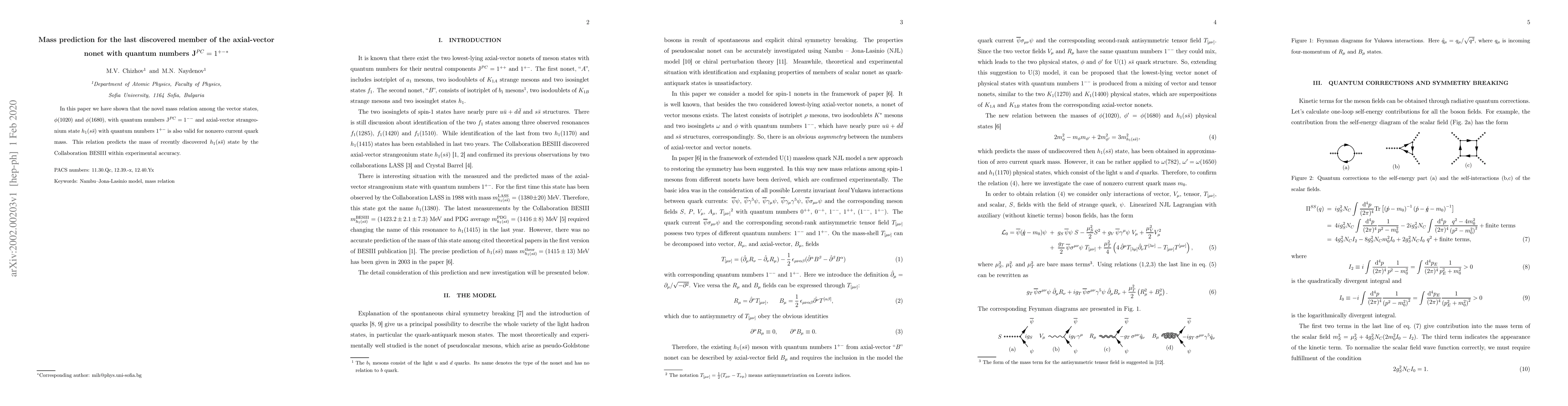 Thumbnail for Mass prediction for the last discovered member of the axial-vector nonet
  with quantum numbers J$^{PC}=1^{+-}$