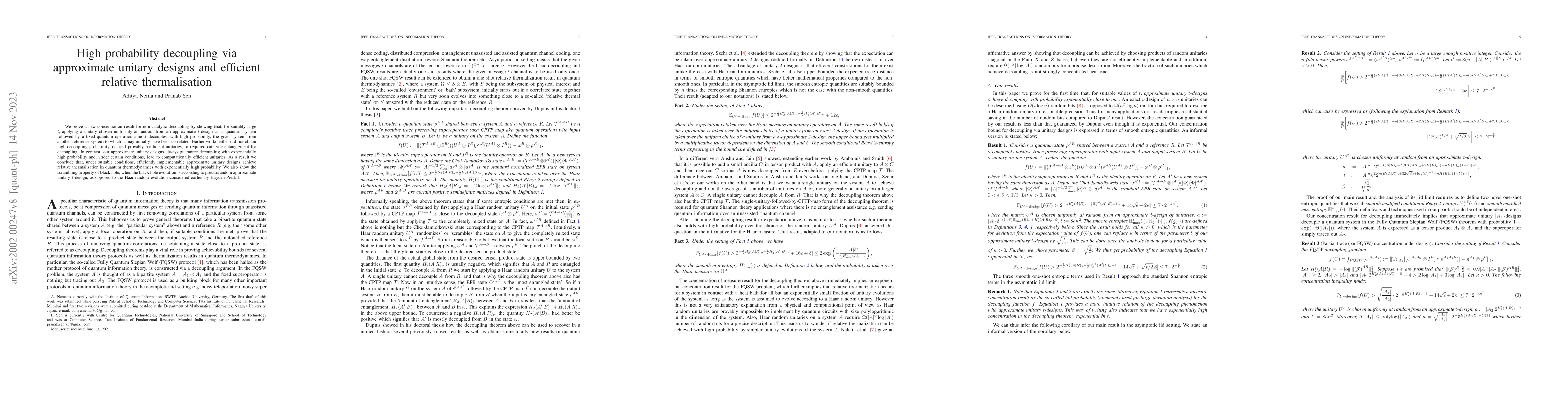 Thumbnail for High probability decoupling via approximate unitary designs and
  efficient relative thermalisation