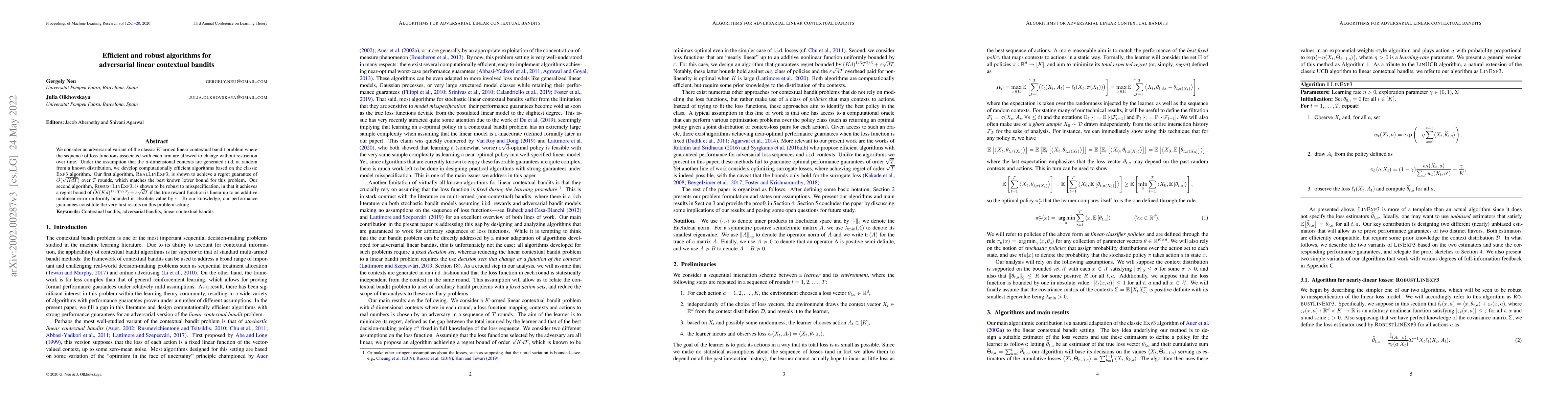 Thumbnail for Efficient and Robust Algorithms for Adversarial Linear Contextual
  Bandits