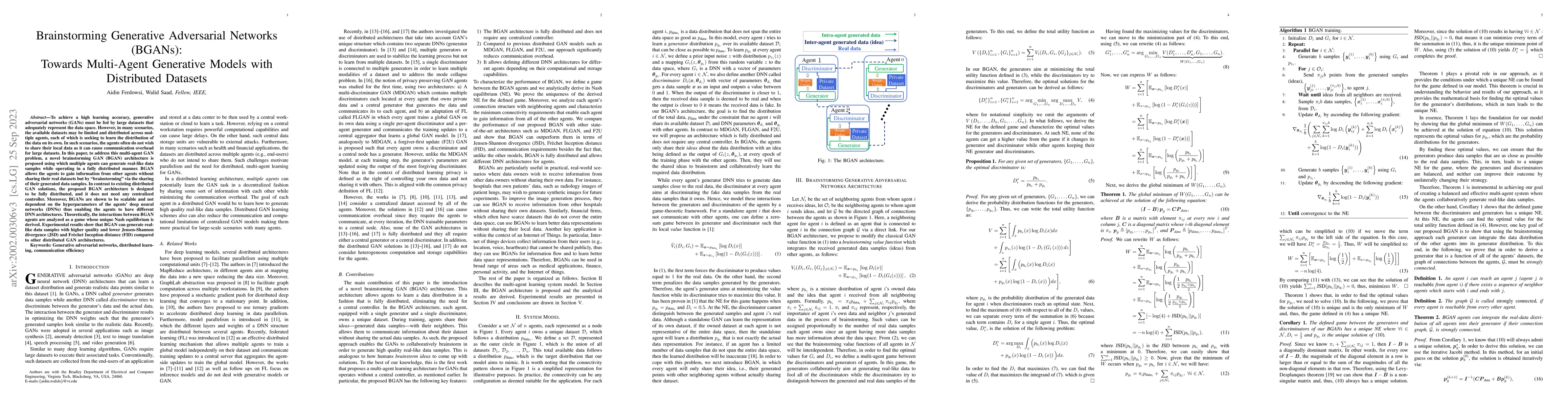 Thumbnail for Brainstorming Generative Adversarial Networks (BGANs): Towards
  Multi-Agent Generative Models with Distributed Private Datasets