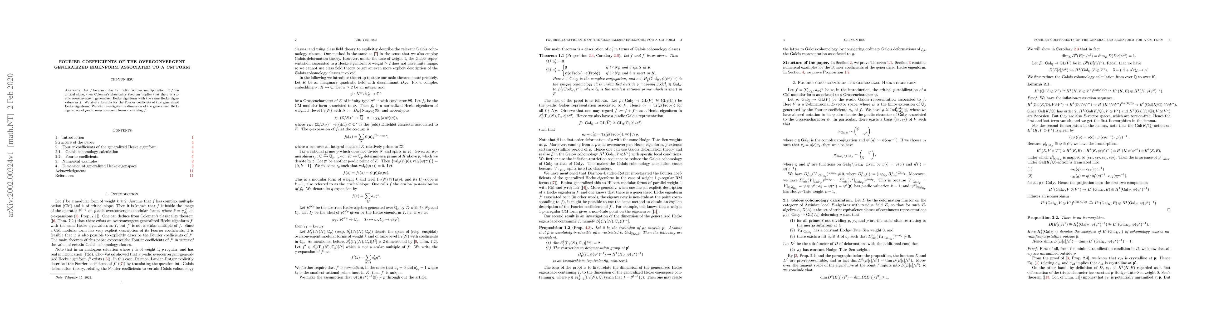 Thumbnail for Fourier coefficients of the overconvergent generalized eigenform
  associated to a CM form