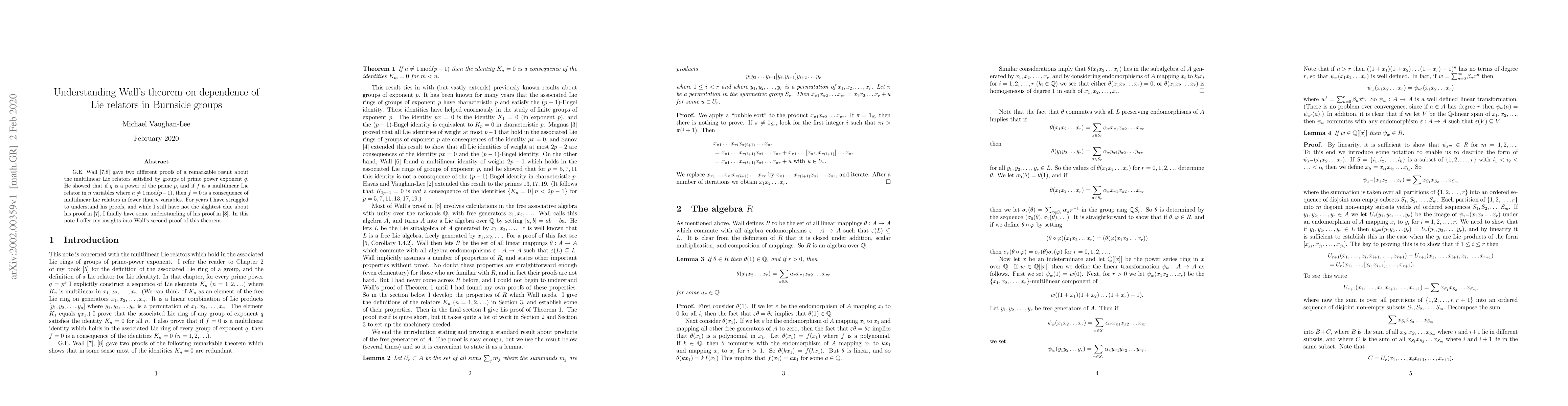 Thumbnail for Understanding Wall's theorem on dependence of Lie relators in Burnside
  groups