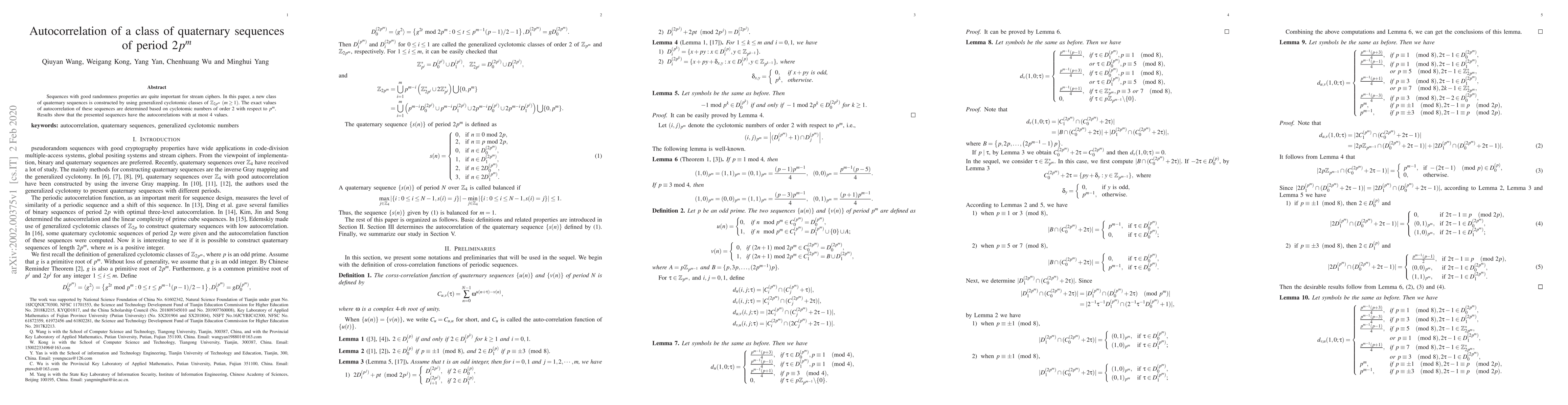 Thumbnail for Autocorrelation of a class of quaternary sequences of period $2p^m$