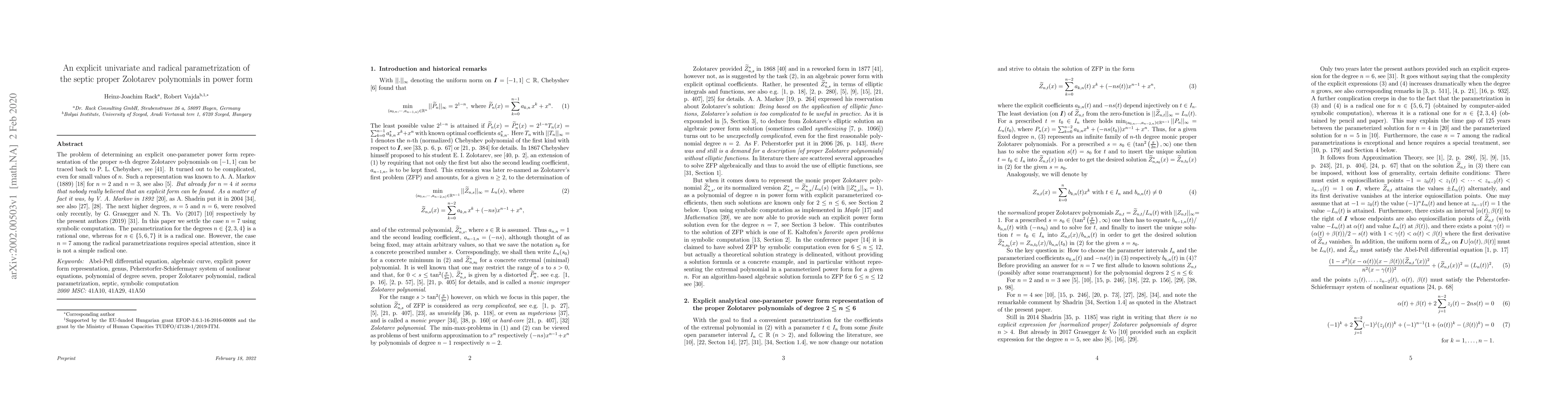 Thumbnail for An explicit univariate and radical parametrization of the septic proper
  Zolotarev polynomials in power form