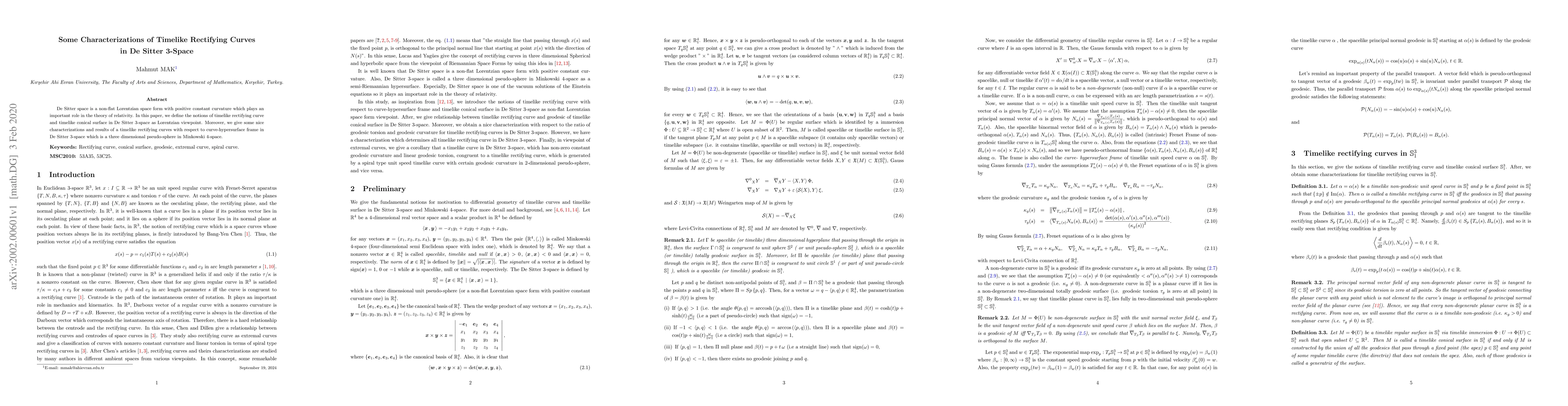 Thumbnail for Some Characterizations of Timelike Rectifying Curves in De Sitter
  3-Space