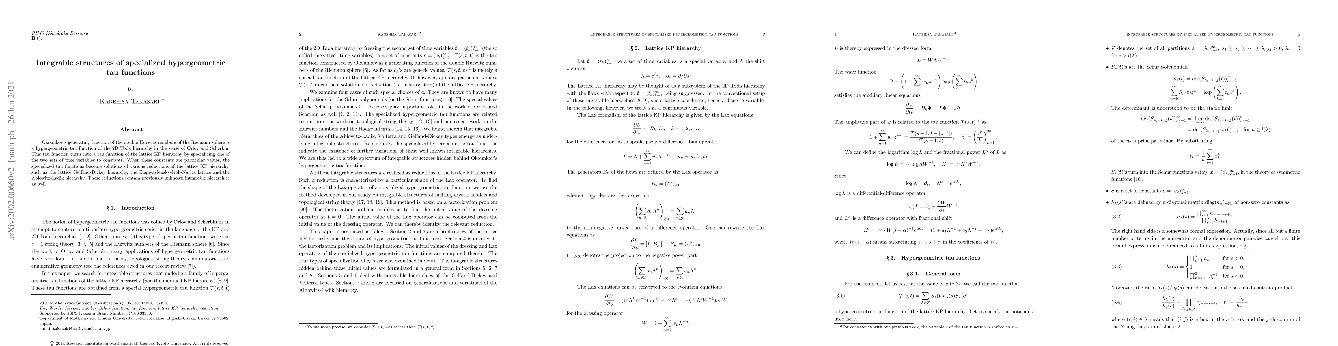 Thumbnail for Integrable structures of specialized hypergeometric tau functions
