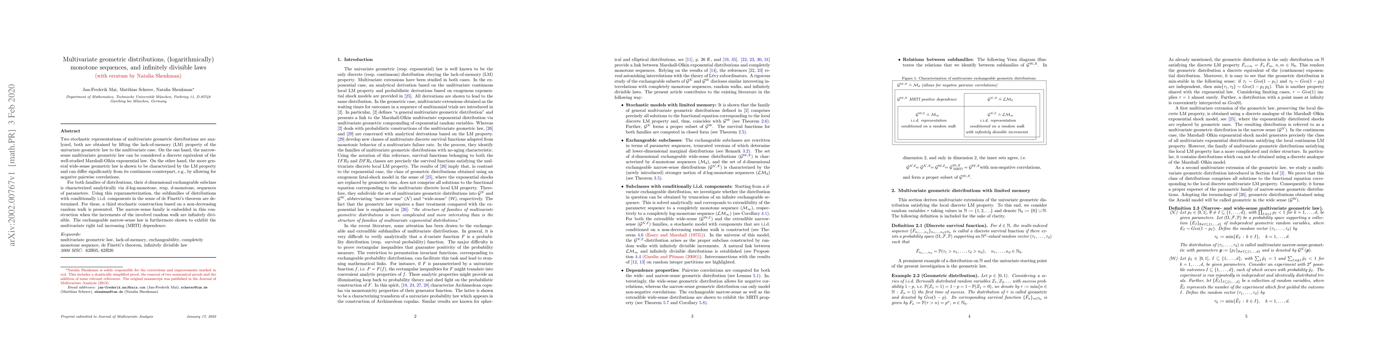 Thumbnail for Multivariate geometric distributions, (logarithmically) monotone
  sequences, and infinitely divisible laws (with erratum by Natalia Shenkman)