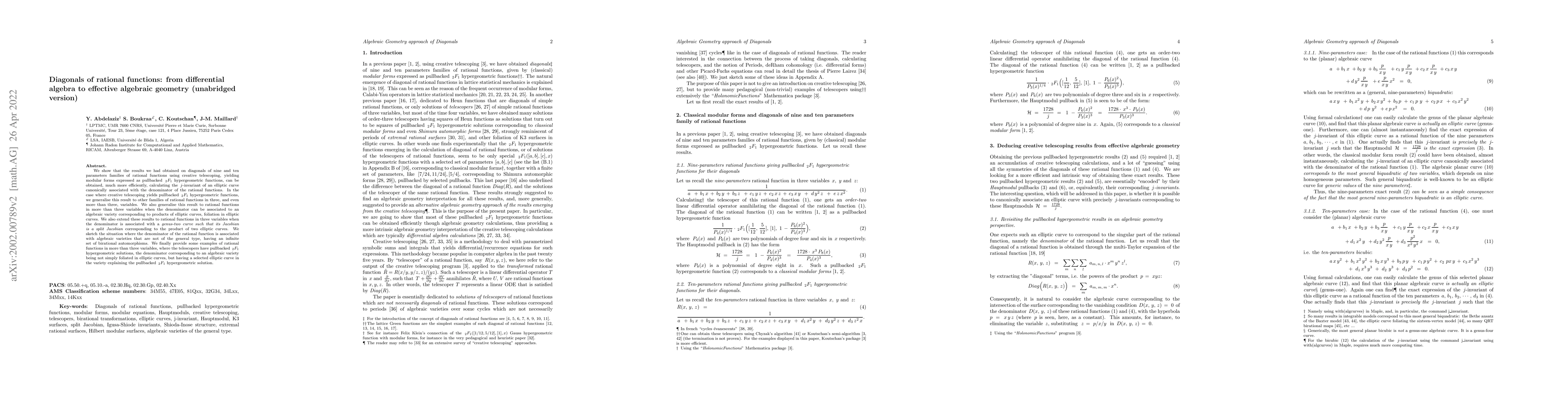Thumbnail for Diagonals of rational functions: from differential algebra to effective
  algebraic geometry (unabridged version)