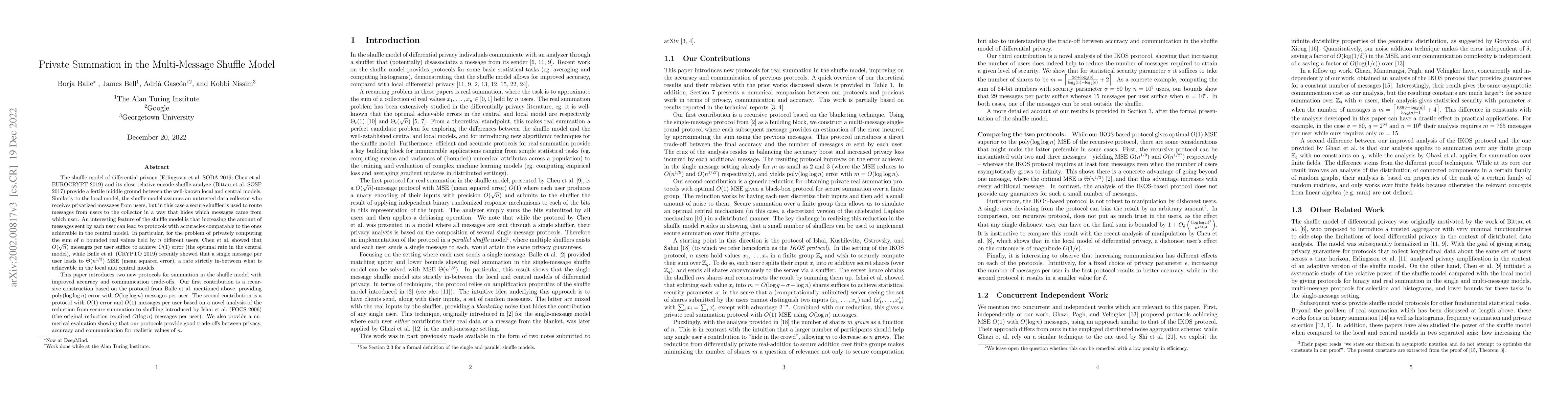 Thumbnail for Private Summation in the Multi-Message Shuffle Model