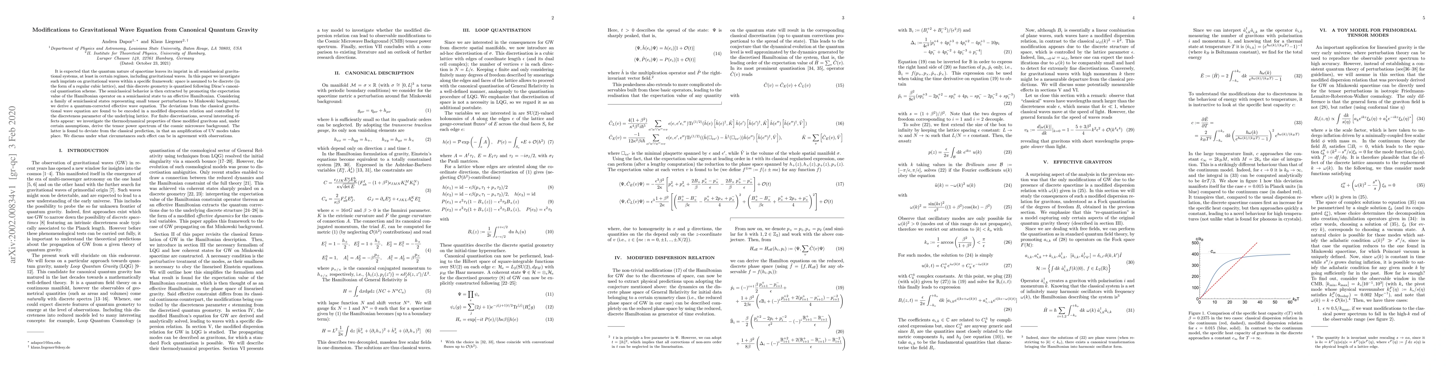 Thumbnail for Modifications to Gravitational Wave Equation from Canonical Quantum
  Gravity
