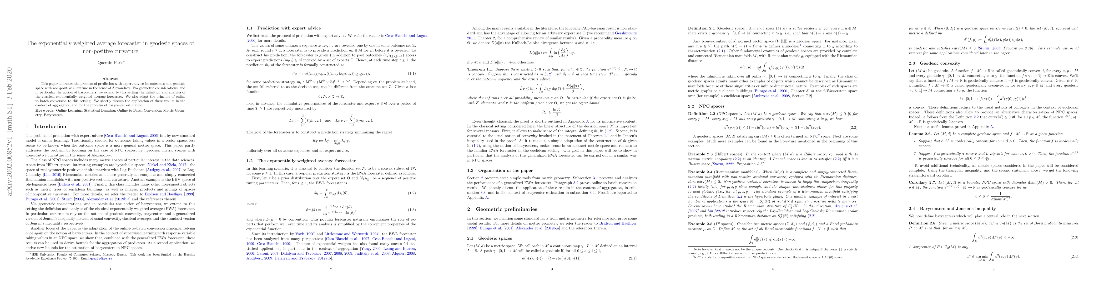 Thumbnail for The exponentially weighted average forecaster in geodesic spaces of
  non-positive curvature