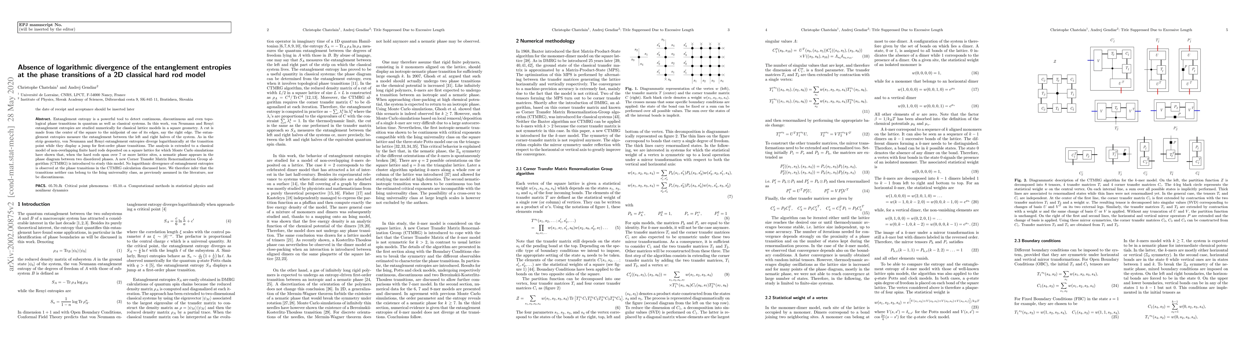 Thumbnail for Absence of logarithmic divergence of the entanglement entropies at the
  phase transitions of a 2D classical hard rod model
