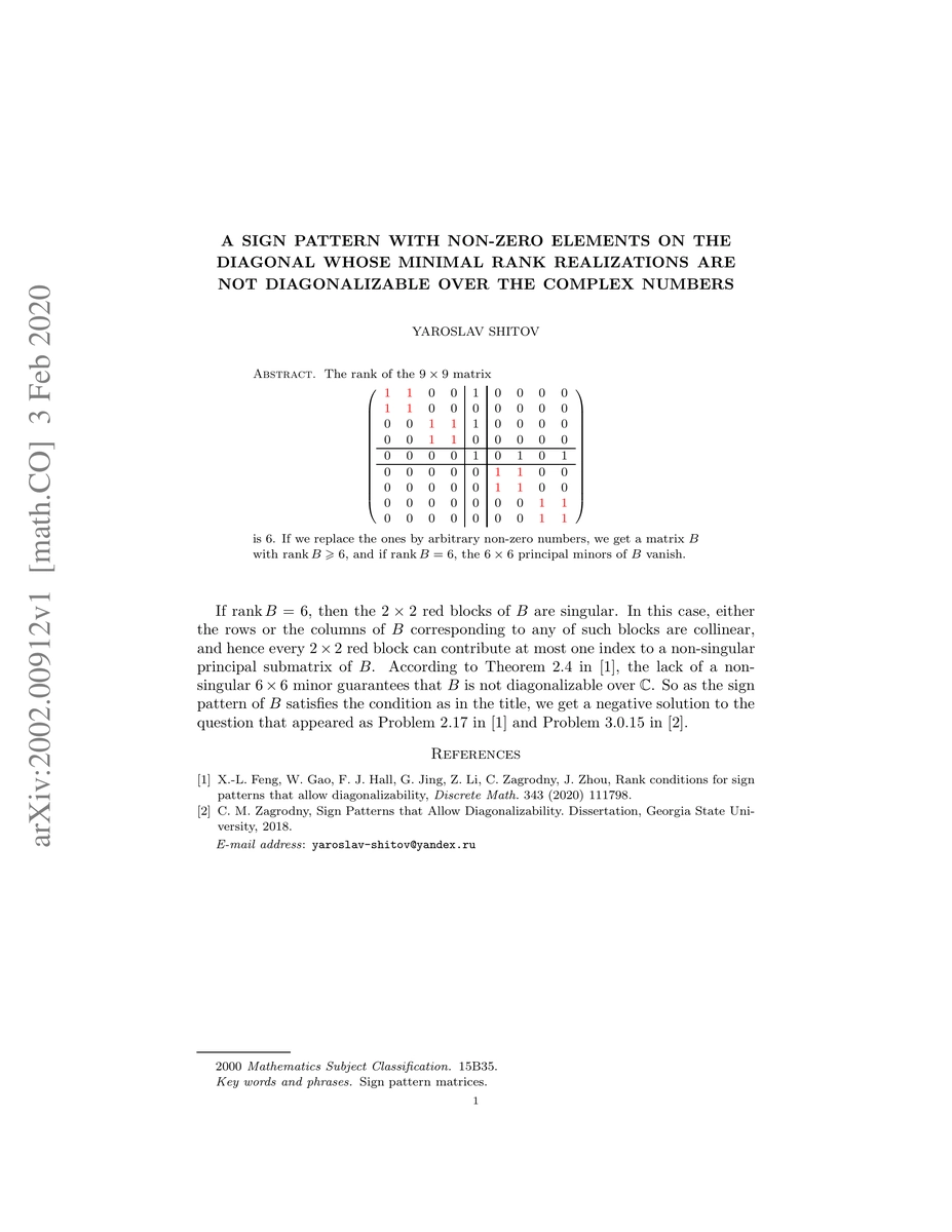 Thumbnail for A sign pattern with non-zero elements on the diagonal whose minimal rank
  realizations are not diagonalizable over the complex numbers