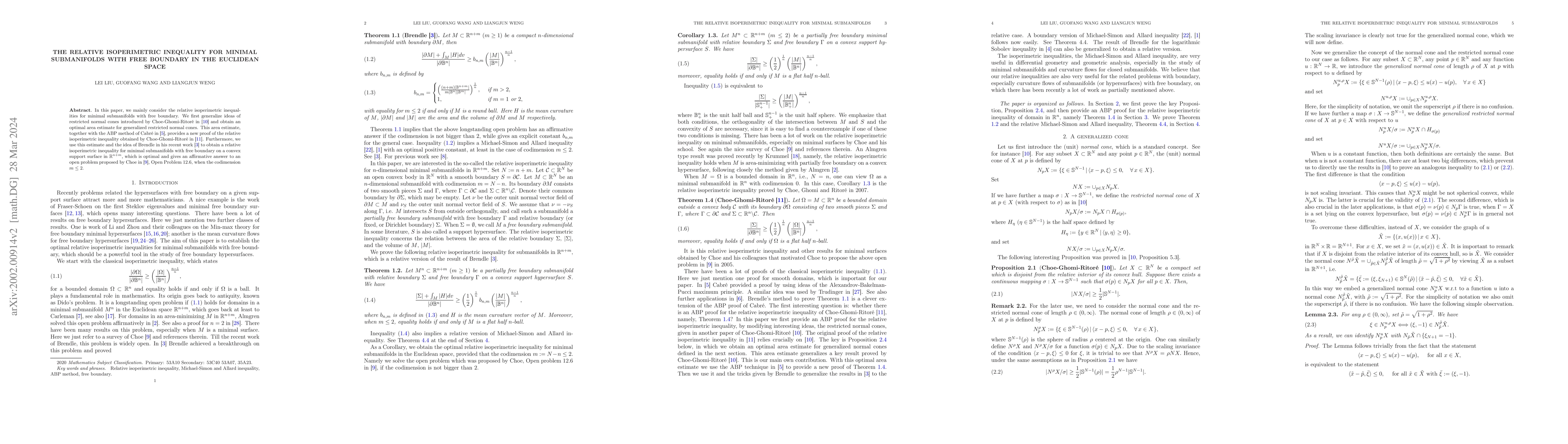 Thumbnail for The relative isoperimetric inequality for minimal submanifolds with free
  boundary in the Euclidean space